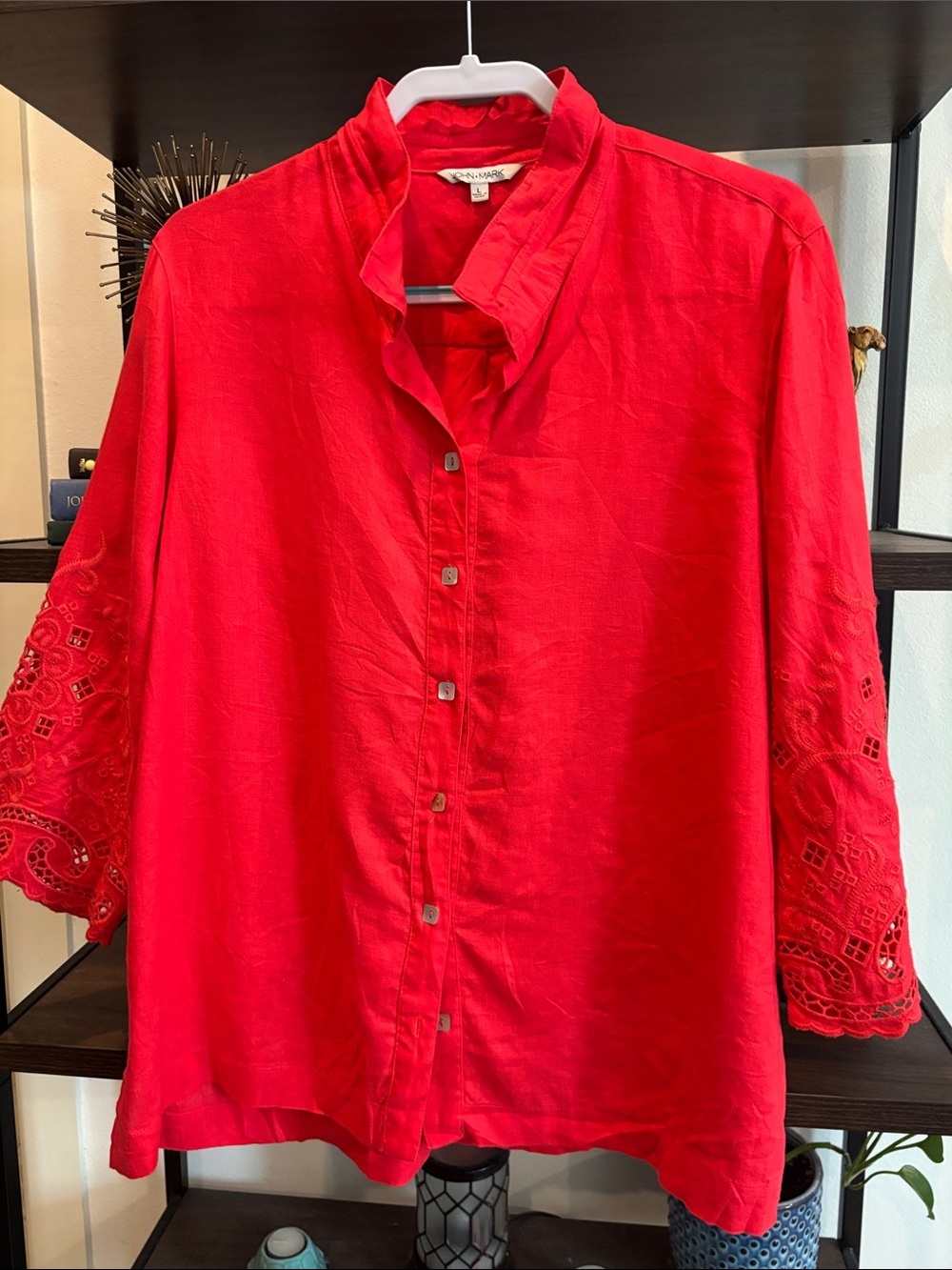 John Mark Red Button-Front Linen Women's Blouse Embroidered Sleeves Large